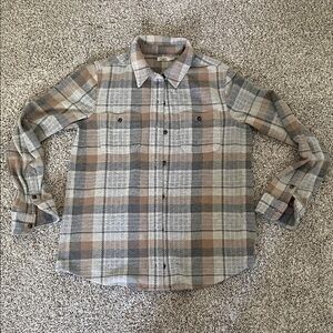 Faherty Legend Sweater Overshirt in Beige Gray Brown Plaid Button-Down Shirt